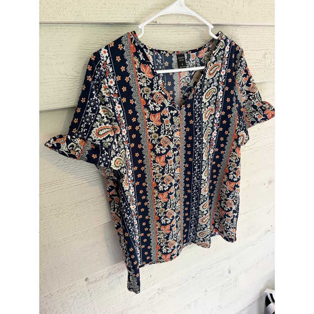 Emery Rose Boho Paisley Floral Short Sleeve Blouse Top Women’s Medium Navy Blue - Picture 3 of 8